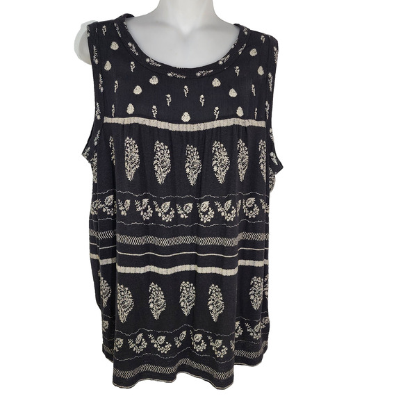 Lucky Brand Womens Embroidery Print Tank Top Large Black Linen Blend Boho Hippie - Picture 1 of 10